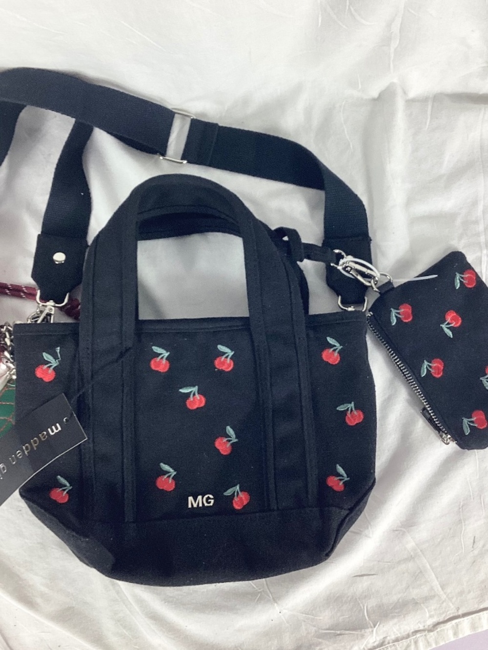 Madden Girl Mini Tote Crossbody Bag Purse Black with red Cherries with Charms